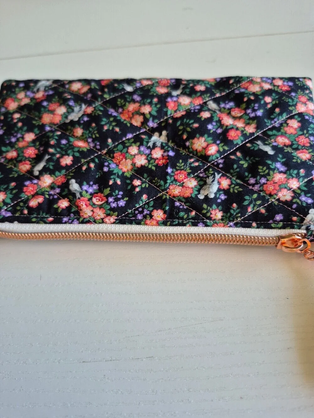 Handmade Quilted Floral Cosmetic Pouch with Bow Accent  flowers & birds material